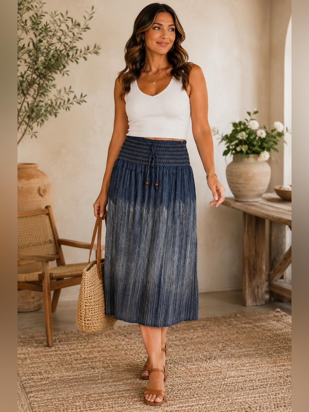 Blue Ombre Pleated Denim Tone Cotton Midi Skirt Smocked Waist Boho XL